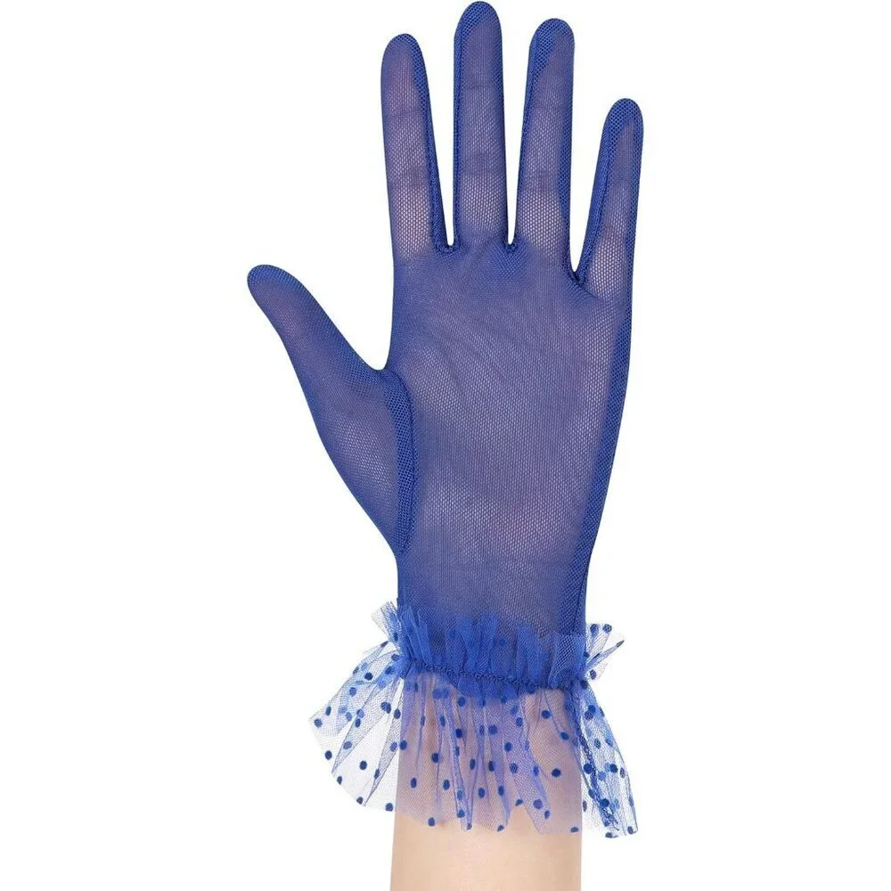 Women's Short Lace Royal Blue Sheer Mesh Tea Party Prom Gloves Banquet Costume